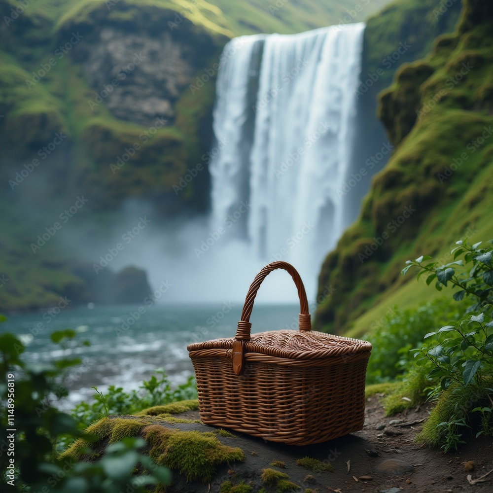 Poster the image shows a wicker basket with a handle on the ground in front of a beautiful waterfall. the w