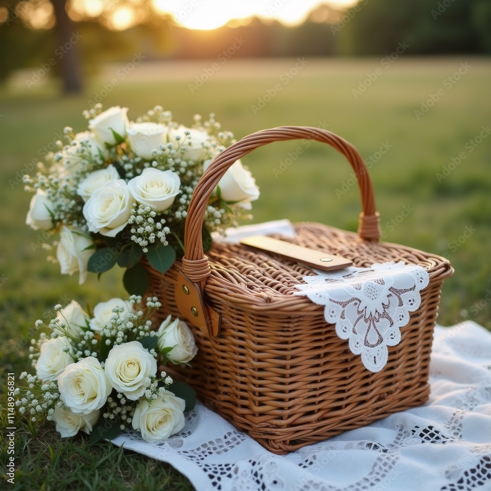 Poster the image shows a wicker basket with a handle and a latch on the lid. the basket is placed on a whit