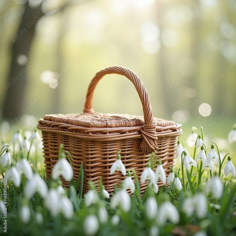 Poster the image shows a wicker basket with a handle and a lid, placed on a bed of green grass. the basket 
