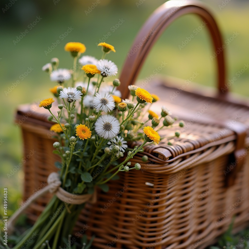 Poster the image shows a wicker basket with a handle on the right side. the basket is placed on a grassy fi