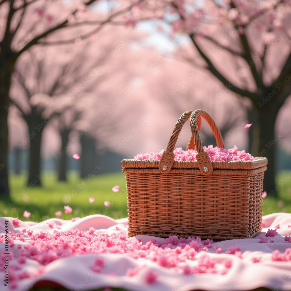 Poster the image shows a wicker basket with a handle and a lid, placed on a white cloth spread out on a gra