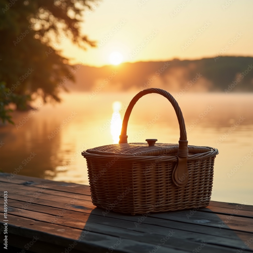 Poster the image shows a wicker basket with a handle and a lid on a wooden dock. the basket is empty and is