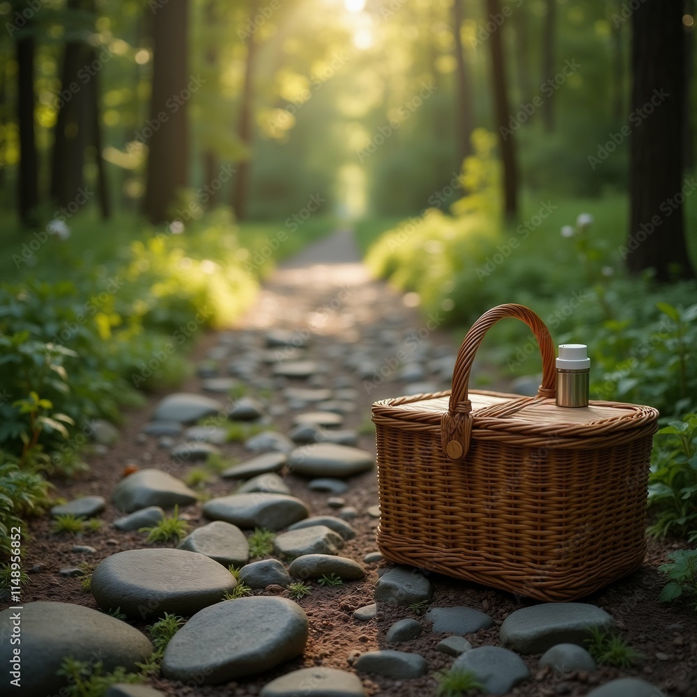 Poster the image shows a wicker picnic basket on a stone path in a forest. the basket is empty and has a ha