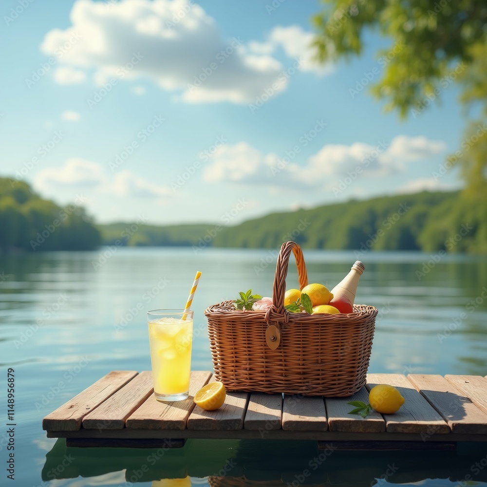 Poster the image shows a wooden dock on a lake with a beautiful view of the water and trees in the backgrou