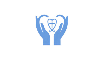 Blue hands embracing heart with cross symbol of care and faith