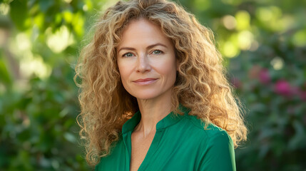 Mature caucasian female with curly hair in green shirt in garden setting