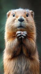 Fototapeta premium Portrait of a Curious Rodent Standing Upright with Hands Clasped, Highlighting Its Whiskers and Detailed Fur Texture, Captured in Natural Light Setting