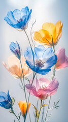 Fototapeta premium Delicate translucent wildflowers glowing in vibrant shades of blue, yellow, and pink create a captivating display of nature’s beauty