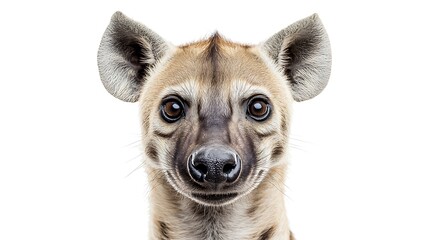 Close-up portrait of a hyena against a white background.