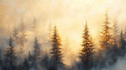 Ethereal Sunset Over Dense Pine Forest in Misty Atmosphere