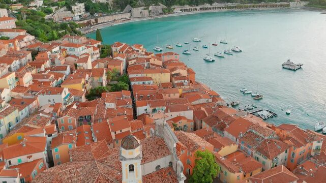 Aerial view of the picturesque town of Villefranche-sur-Mer, Cote d'Azur, France