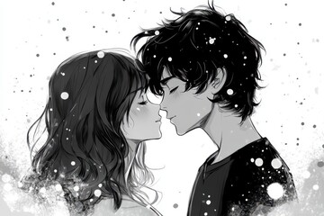 Couple in love in anime cartoon style, black and white, highlighting their timeless connection.