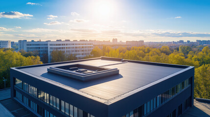 Drone Shot of a Flat EPDM Roof on a Modern Office Building, Surrounded by Urban Landscape Under Bright Sunlight
