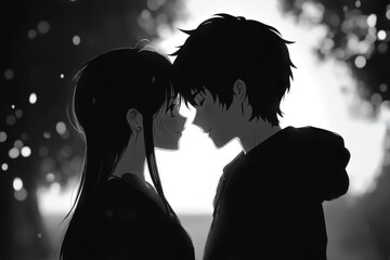 Couple in love in anime cartoon style, black and white, a quiet yet passionate expression of unity.