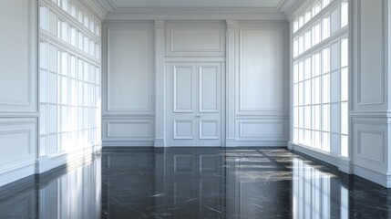 Fototapeta premium Sunlit white room with black marble floor and large windows.