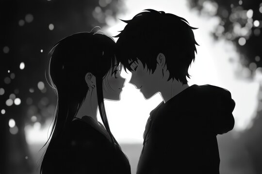 Couple in love in anime cartoon style, black and white, a quiet yet passionate expression of unity.