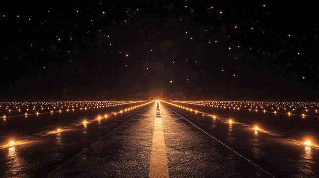 Illuminated airport runway at night with starry sky