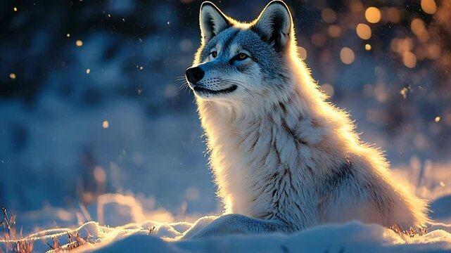 A majestic wolf sits in a snowy landscape, bathed in the warm glow of the setting sun.