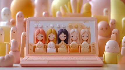 Colorful cartoon laptop interface with cute characters and icons