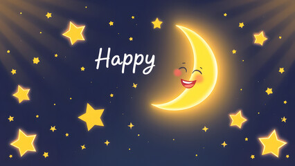 Naklejka premium Happy Smiling Moon and Stars Night Sky Card