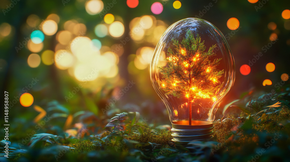 Poster enchanted tree inside lightbulb in mystical forest with glowing bokeh