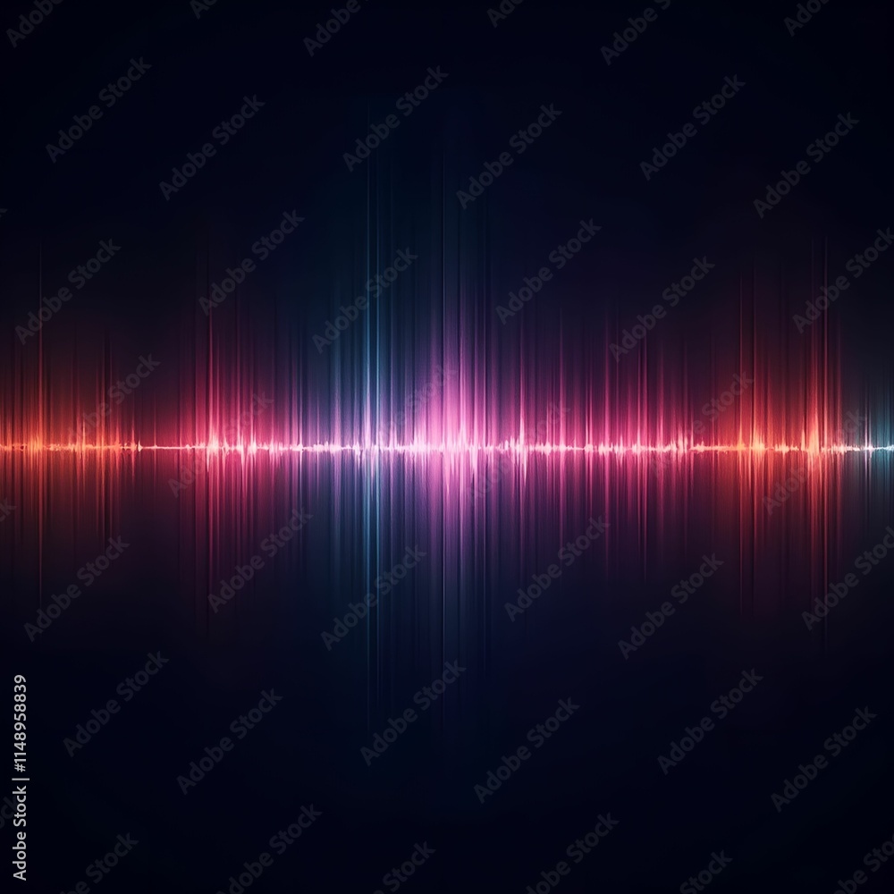 Poster digital representation of an audio waveform, characterized by a bright, vibrant spectrum of colors, 