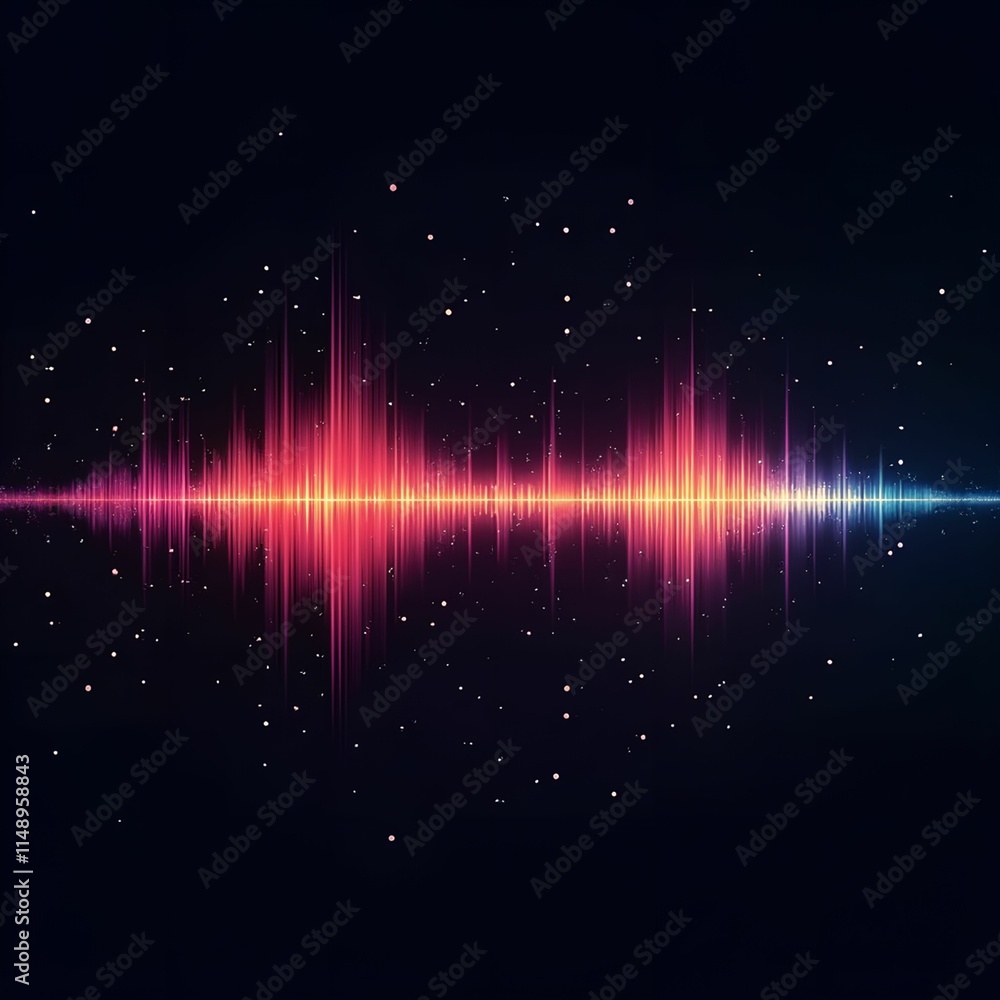 Poster digital representation of an audio waveform, characterized by a bright, vibrant spectrum of colors, 