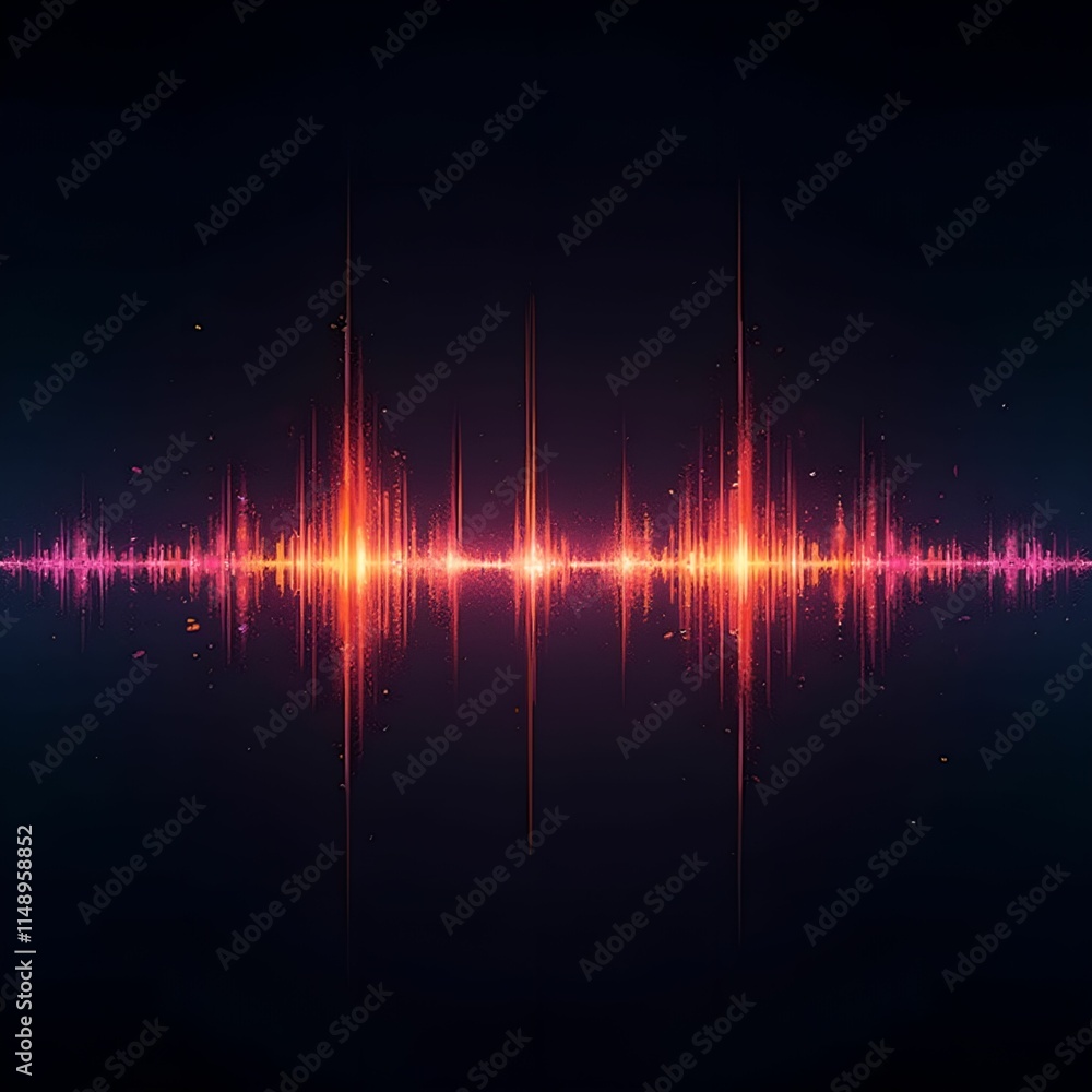 Poster digital representation of an audio waveform, characterized by a bright, vibrant spectrum of colors, 
