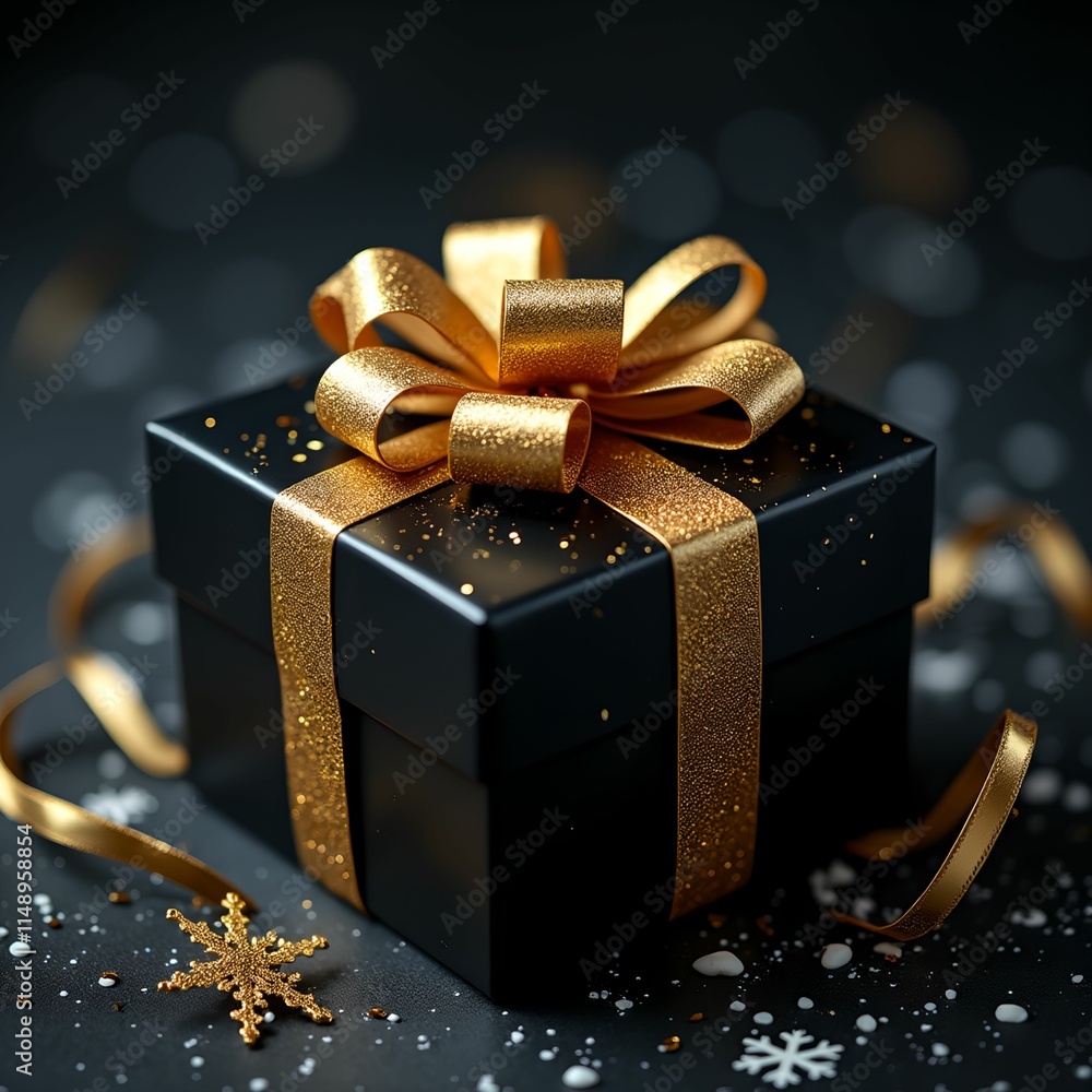 Poster black gift box adorned with a gold ribbon and bow, placed on a dark surface with glitter and stars s