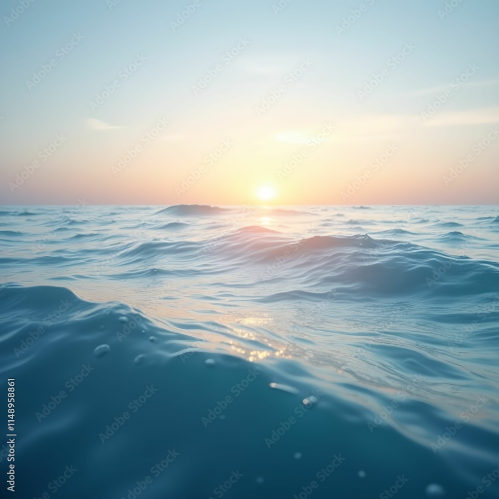 Poster this is a 3d illustration of a calm sea with the sun setting in the background, casting a warm glow 