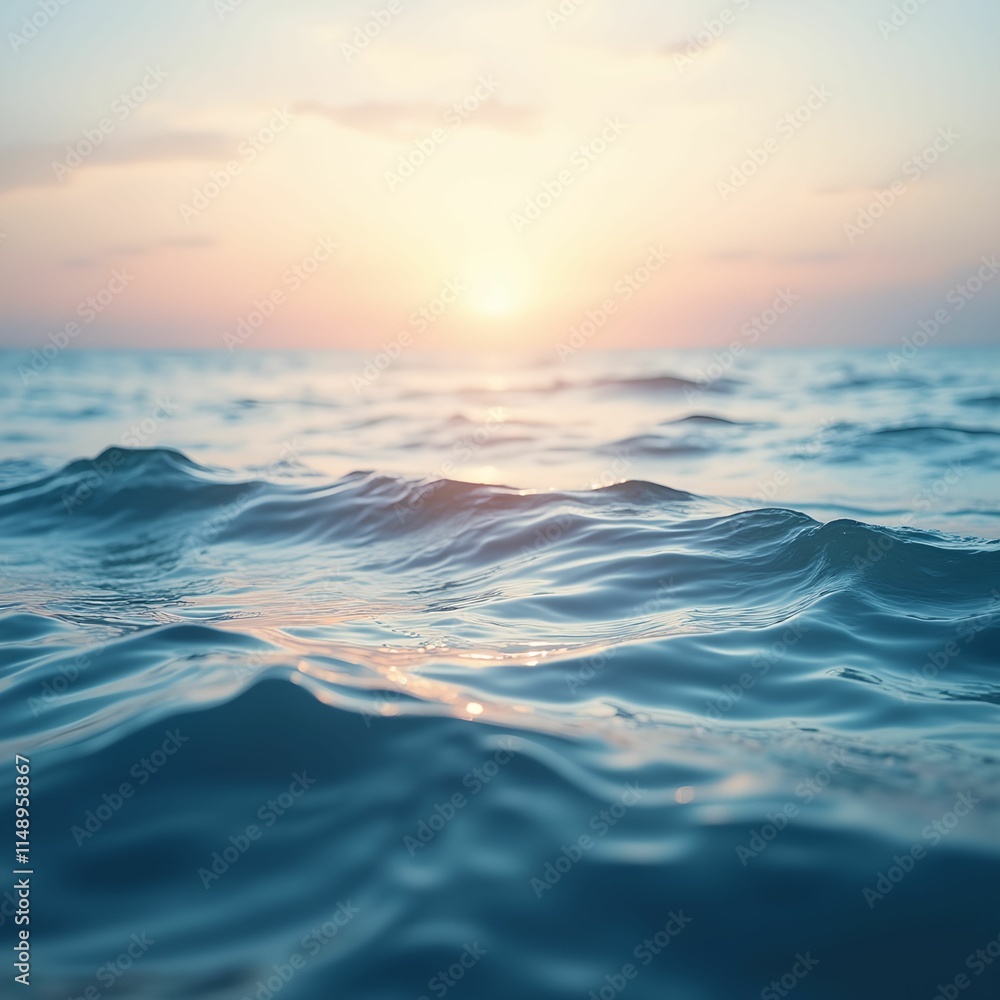 Poster this is a 3d illustration of a calm sea with the sun setting in the background, casting a warm glow 