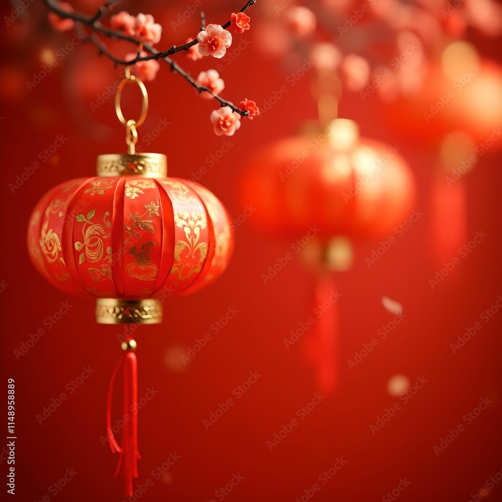 Leinwandbilder two red lanterns hanging from a tree branch, set against a blurred red background. The lanterns are adorned with intricate patterns and tassels, and the scene conveys a festive atmosphere.