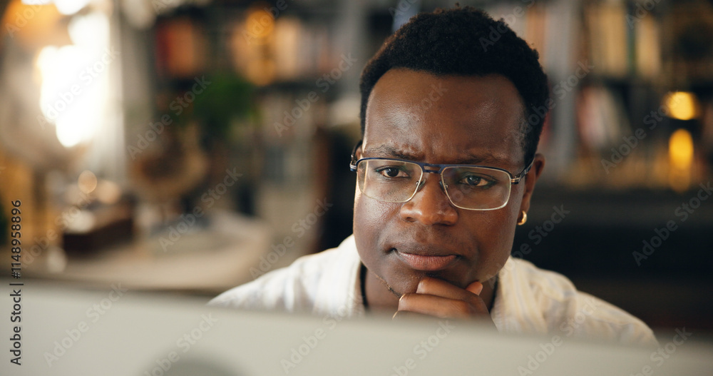 Poster student, man and confused by computer in home for difficult research, thesis solution or problem sol