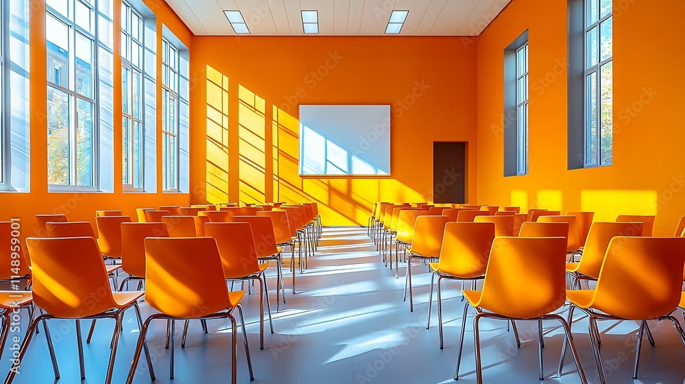Poster sunlit orange room with rows of empty chairs and whiteboard.