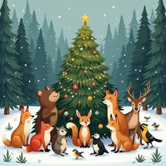 Naklejka premium Image of forest animals under a New Year tree.