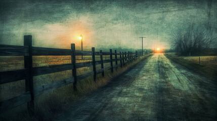 Obraz premium Misty rural road at sunset with fenceline and lamp post