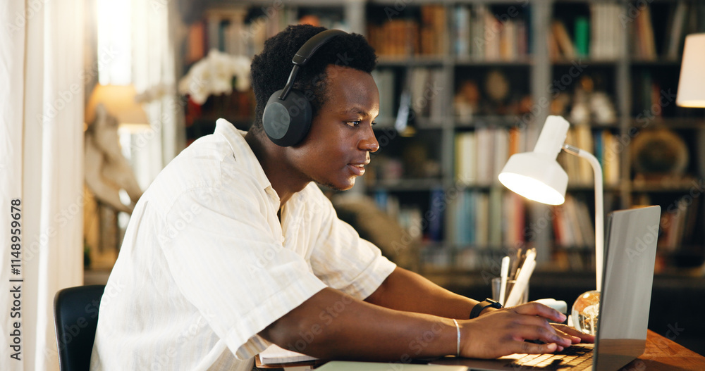 Poster black man, studying and typing on laptop, home and reading with e learning, development and research