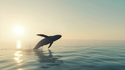 Majestic humpback whale breaching at sunrise over calm ocean waters
