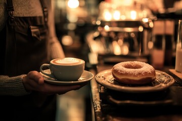 Warm coffee and a donut served in a cozy cafe during the evening hours