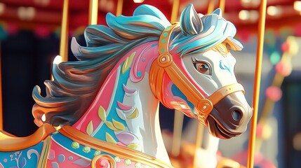Close-up of a colorful carousel horse, detailed paint, mane, bridle.
