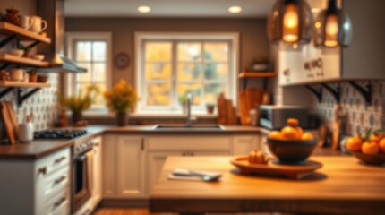 Realistic 3D Render of a Modern Kitchen with Warm Autumnal Colors and Cozy Bokeh Effect.