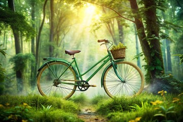 Fototapeta premium Double Exposure Green Bicycle Photography, Surreal Cycling Art, Dreamy Bike Image, Fantasy Bicycle Scene