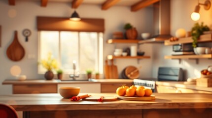 Naklejka premium Realistic 3D Render of a Modern Kitchen with Warm Autumnal Colors and Cozy Bokeh Effect.