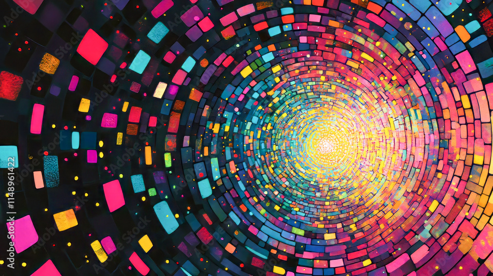 Poster vibrant geometric tunnel of colorful mosaic patterns creating a dynamic spiral art
