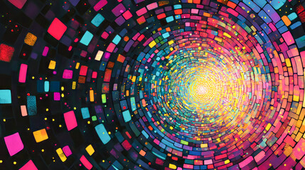 Vibrant geometric tunnel of colorful mosaic patterns creating a dynamic spiral art