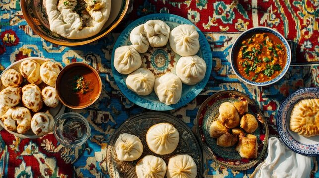 Traditional Georgian khinkali and pastries: Khachapuri, Kubdari, Puri, Chadi. A festive table with an abundance of Georgian dishes on a traditional tablecloth.  View from above. Menu