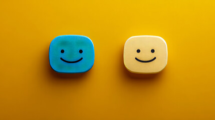 Two happy smiley faces on bright yellow background