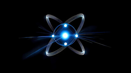 glowing atomic model with bright white electron orbits around a luminous blue core, set against a deep black background.