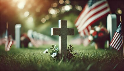 cross graveyard symbol for memorial day with defocused usa flag
