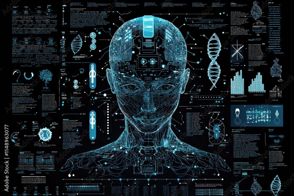 Poster digital rendering of artificial intelligence with futuristic data visualization